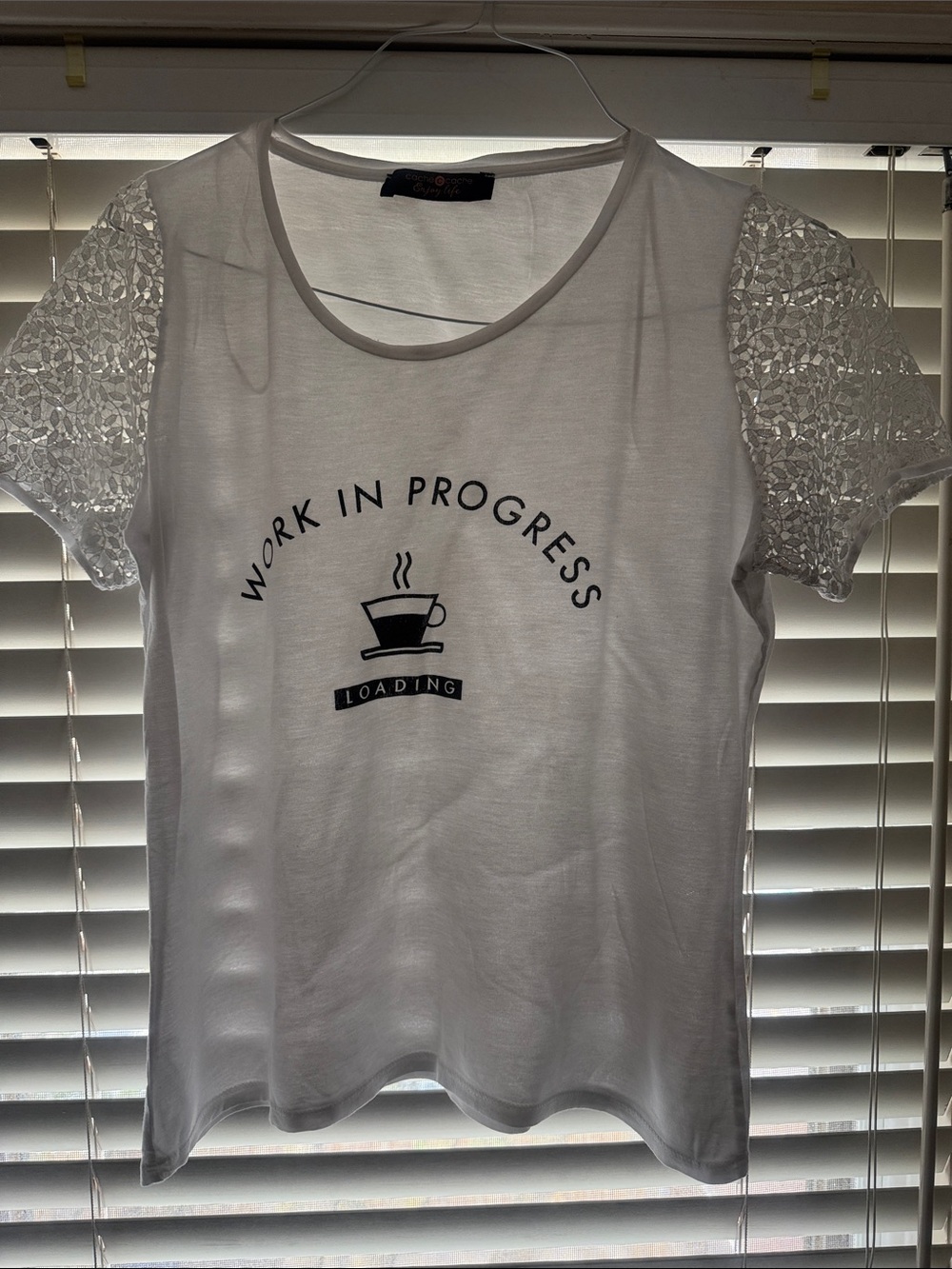 Cache Cache White Lace-Sleeve Short Sleeve Tee — 'Work In Progress' Graphic